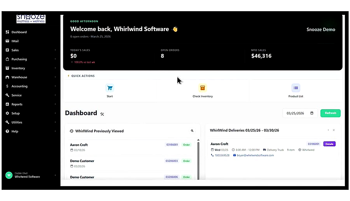 The Dashboard showing Today's Sales, Open Orders, MTD Sales, and the Quick Actions bar with Start, Check Inventory, and 