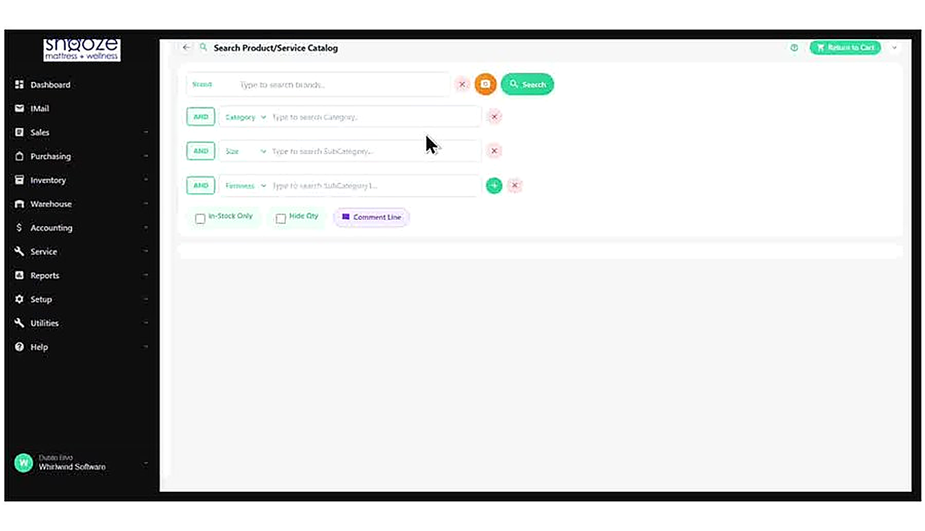 The Search Product/Service Catalog screen. Filter rows allow searching by Brand, Category, Size, and Firmness. The orang