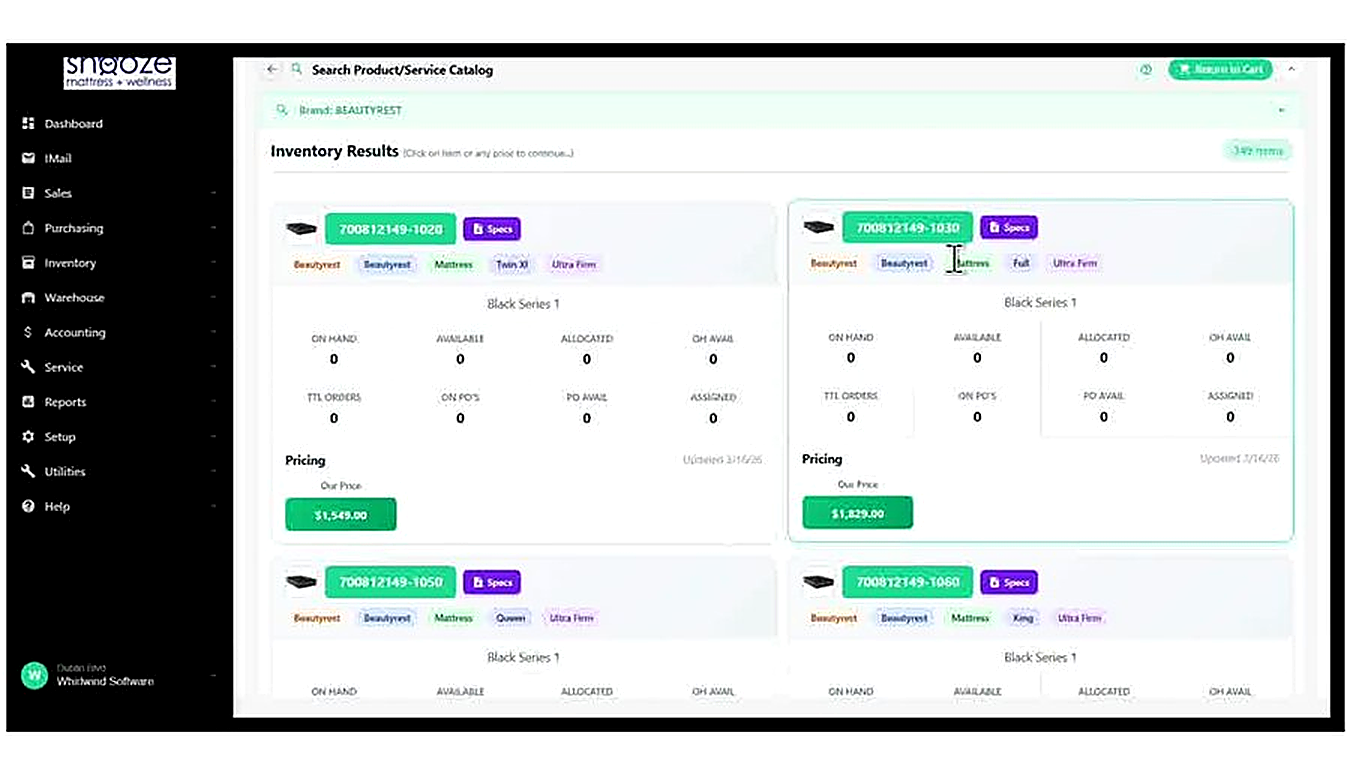Inventory Results showing product cards for the searched brand. Each card displays the model number, tags (brand, catego