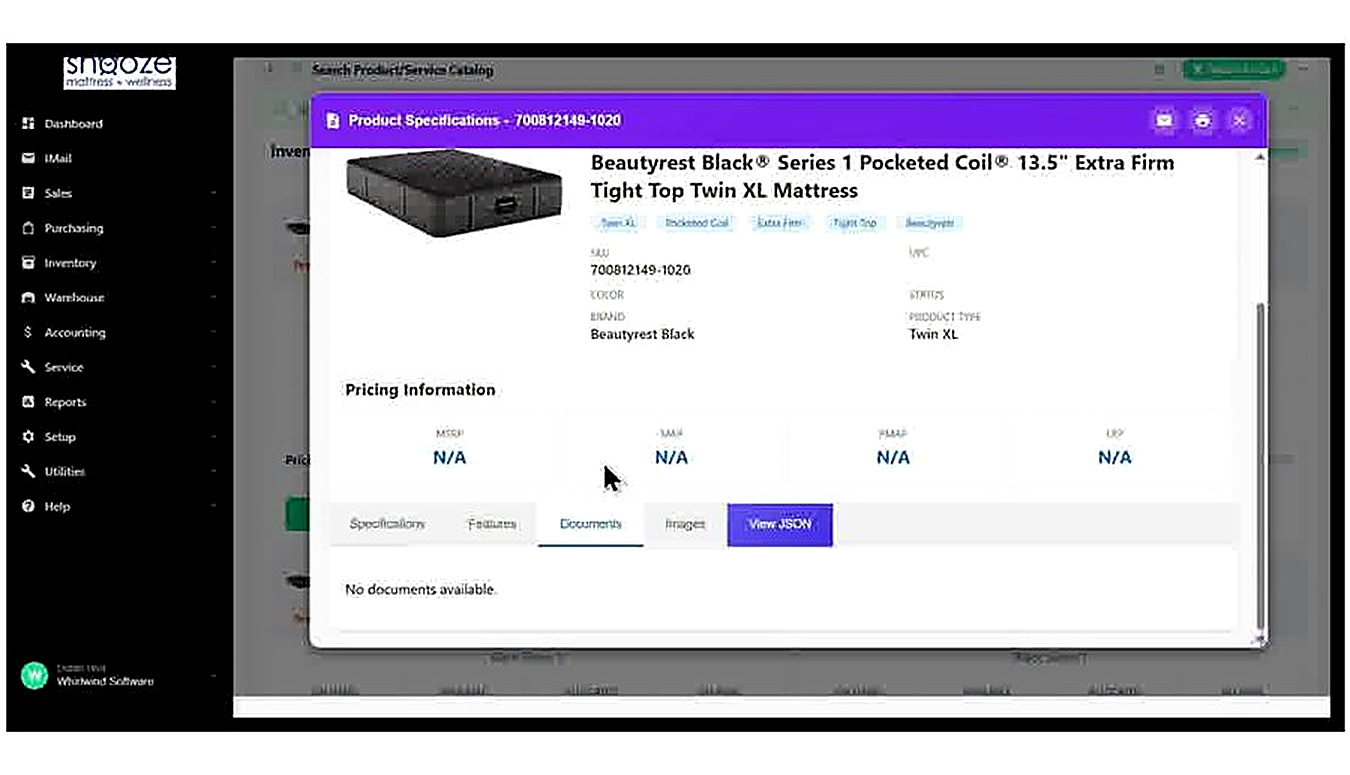 The Product Specifications popup showing the full product name, SKU, brand, product type, color, status, and pricing ti
