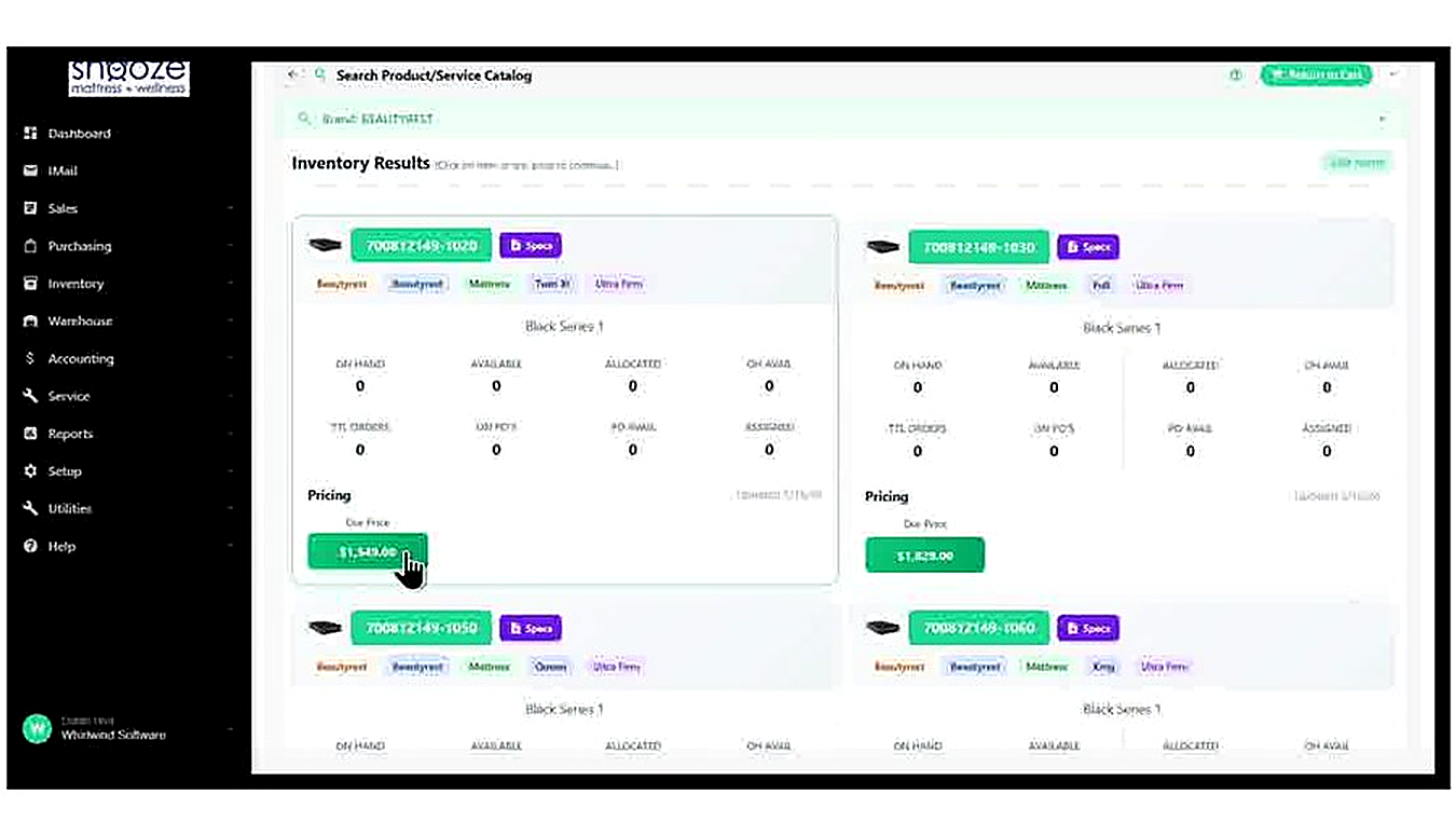 Clicking the green Our Price button on a product card opens the Product/Service Details screen for that item, ready for 