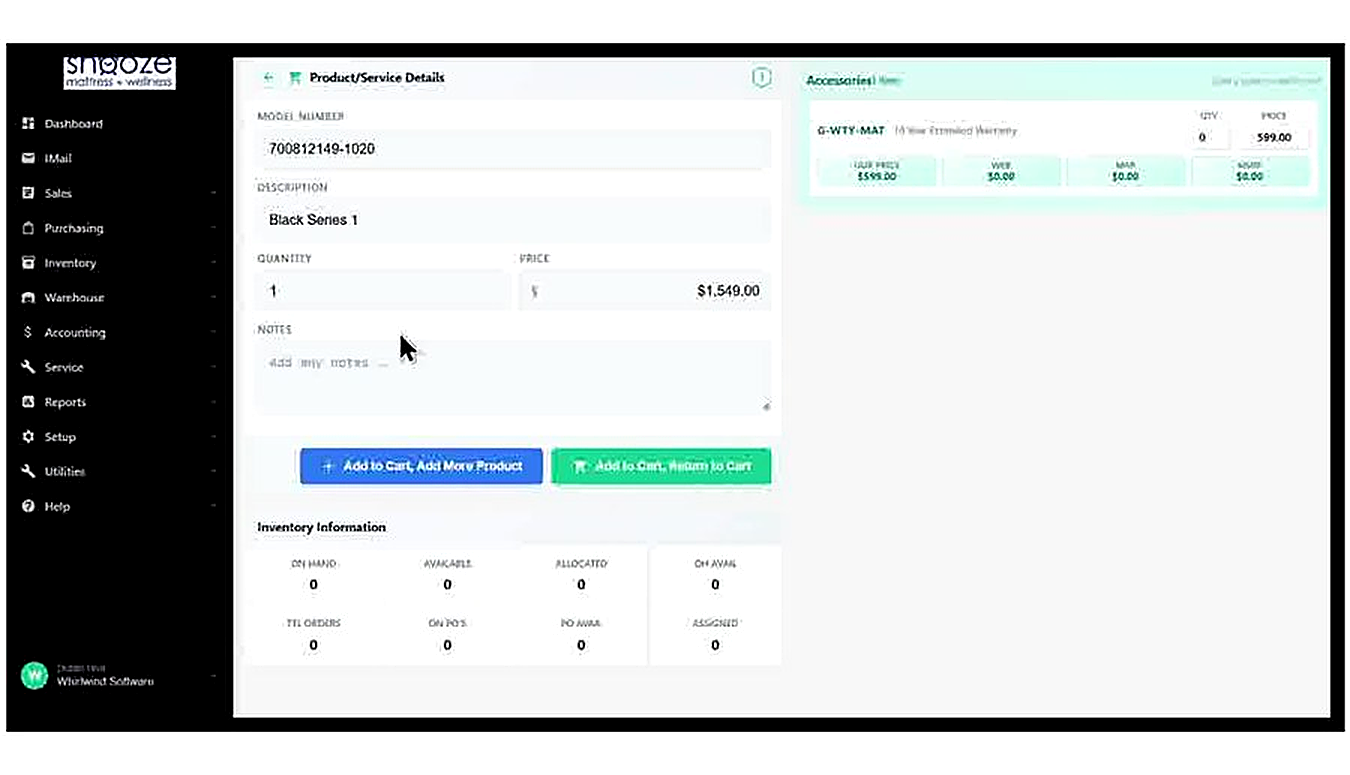 The Product/Service Details screen showing the Model Number, Description, Quantity, Price, and Notes fields. The Accesso