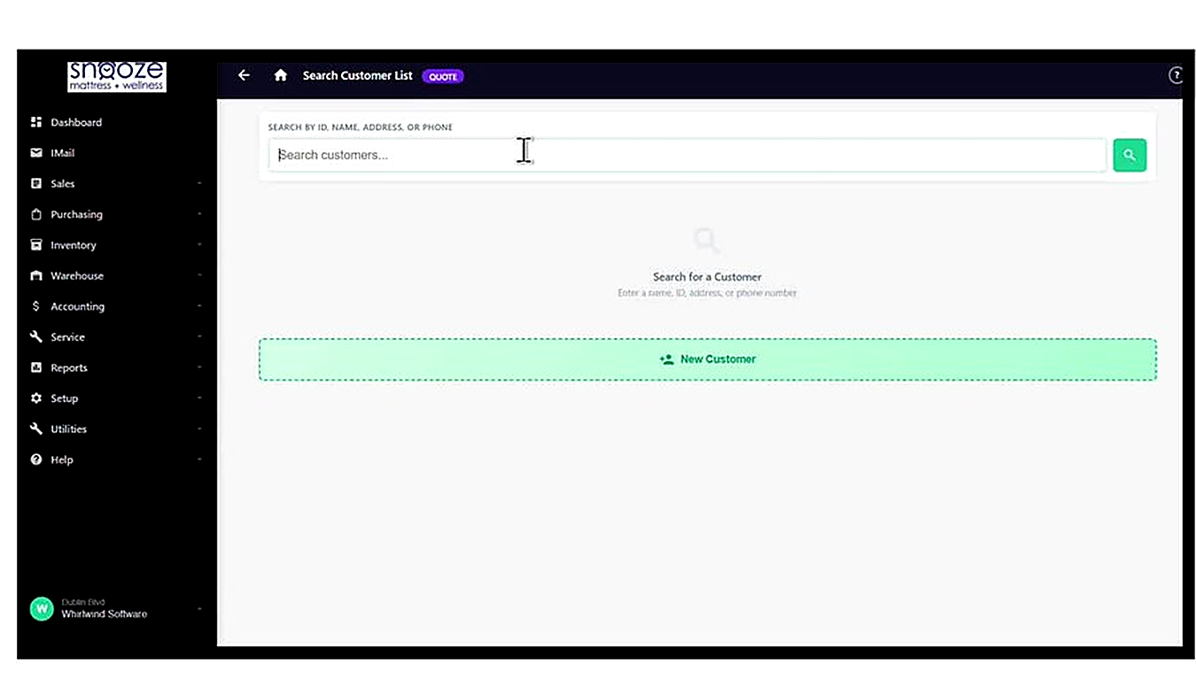 The Search Customer List screen. Type a name, ID, address, or phone number into the search field and click the green sea