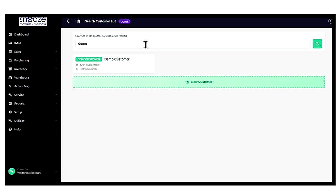 Search results showing a matching customer card with their ID tag, name, address, and phone number. Click the card to se