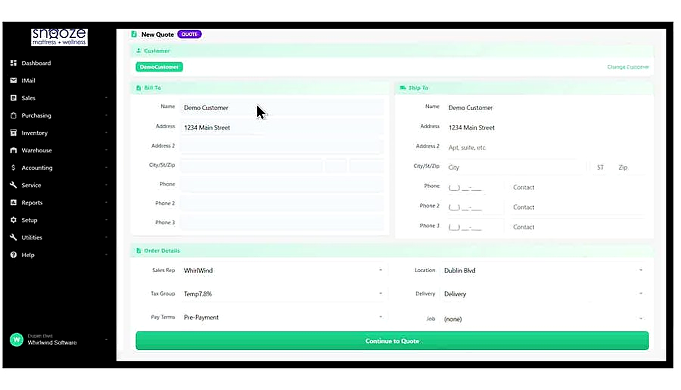 The New Quote form showing the selected customer's Bill To details on the left, the Ship To address on the right, and th