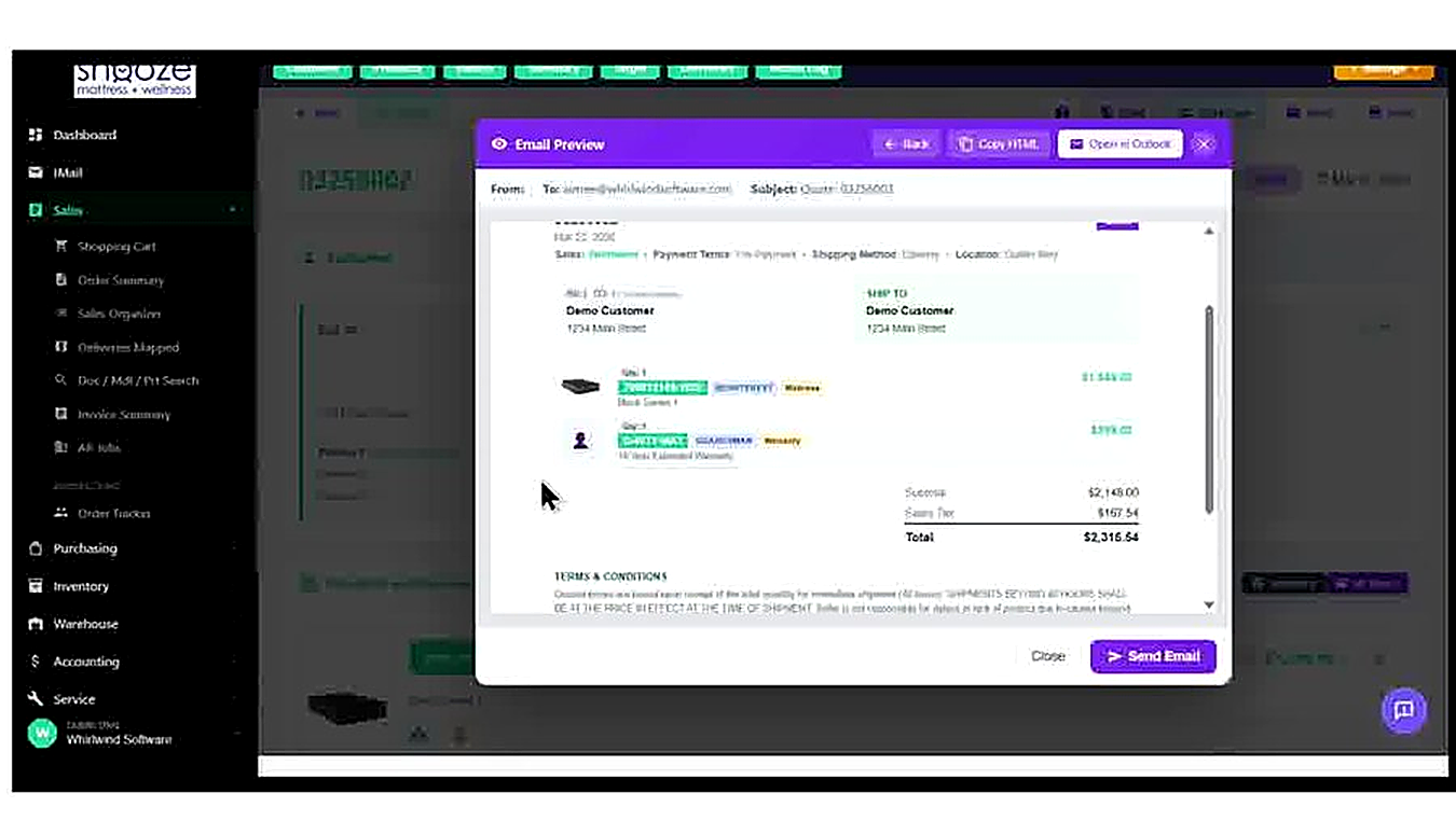The Email Preview popup showing the formatted quote email as the customer will receive it: quote header, date, sales det