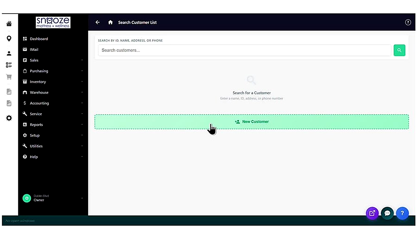 The Search Customer List screen — accessible when starting a quote or order. Search for the customer first by name, ID, 