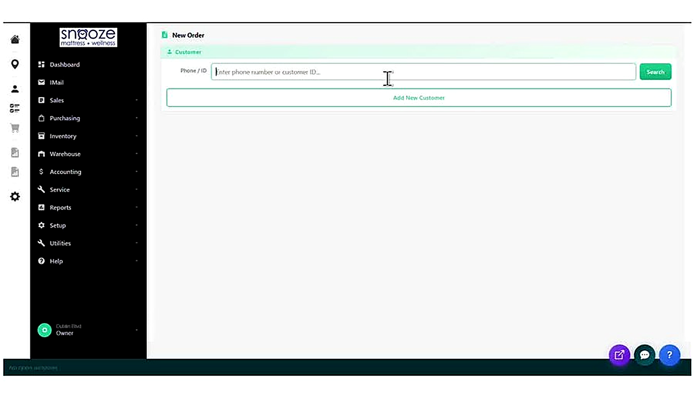 The New Order Customer section showing the Phone / ID search field. Enter the customer's phone number or a custom ID to 