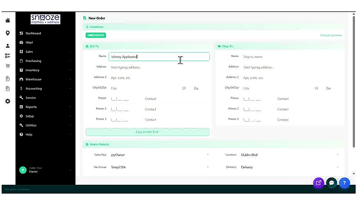 The New Order form with the customer ID confirmed as a green tag at the top. The Bill To section shows the Name field be