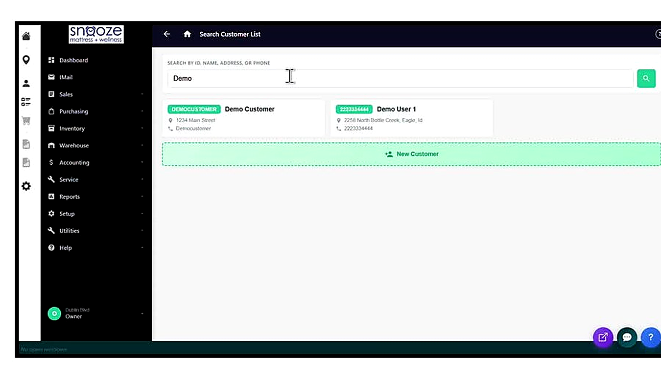 The Search Customer List screen with search results showing multiple customer records matching the search term. Each car
