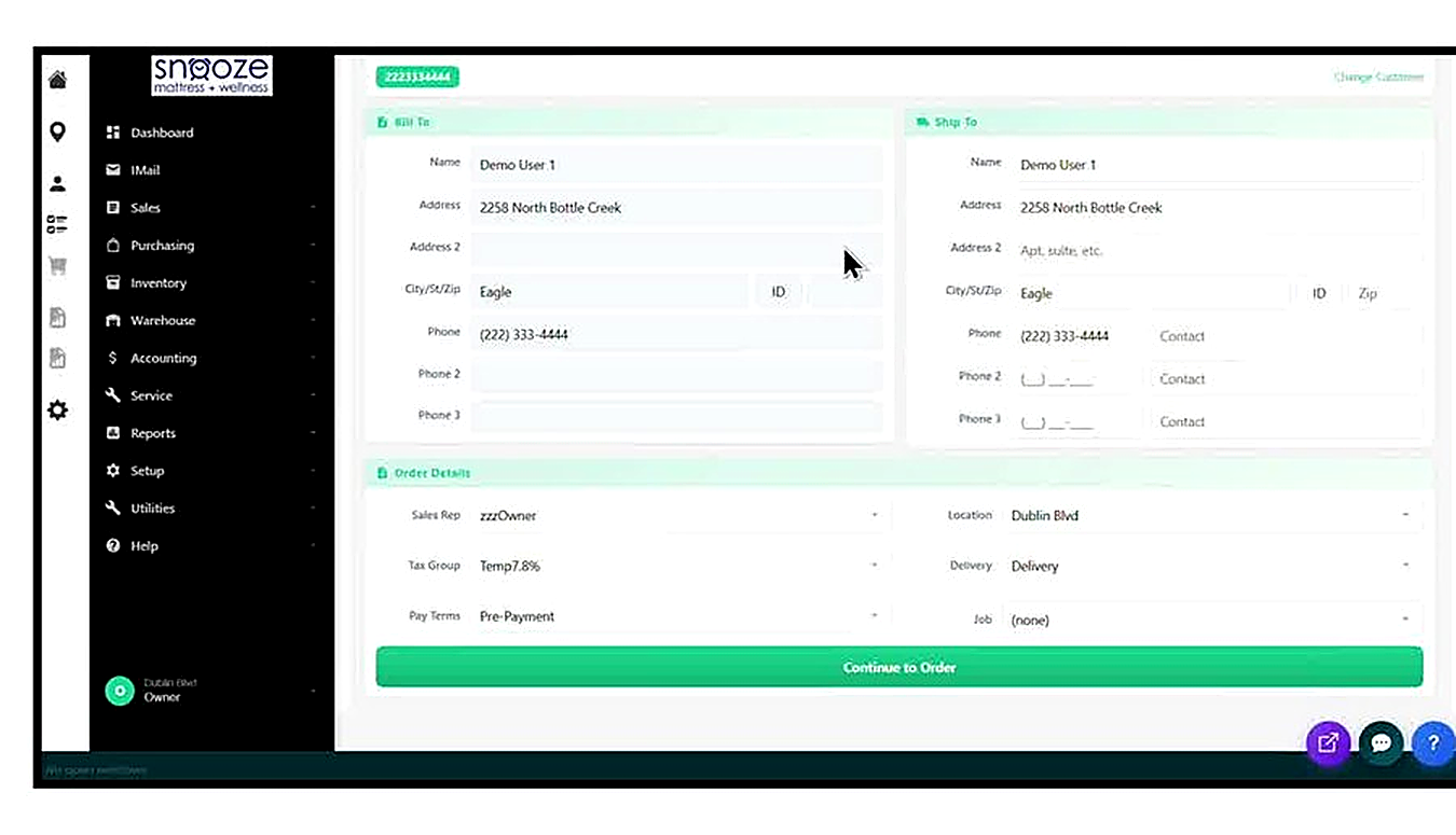 The New Order form after selecting the customer. The Bill To and Ship To panels are pre-filled with the customer's name,
