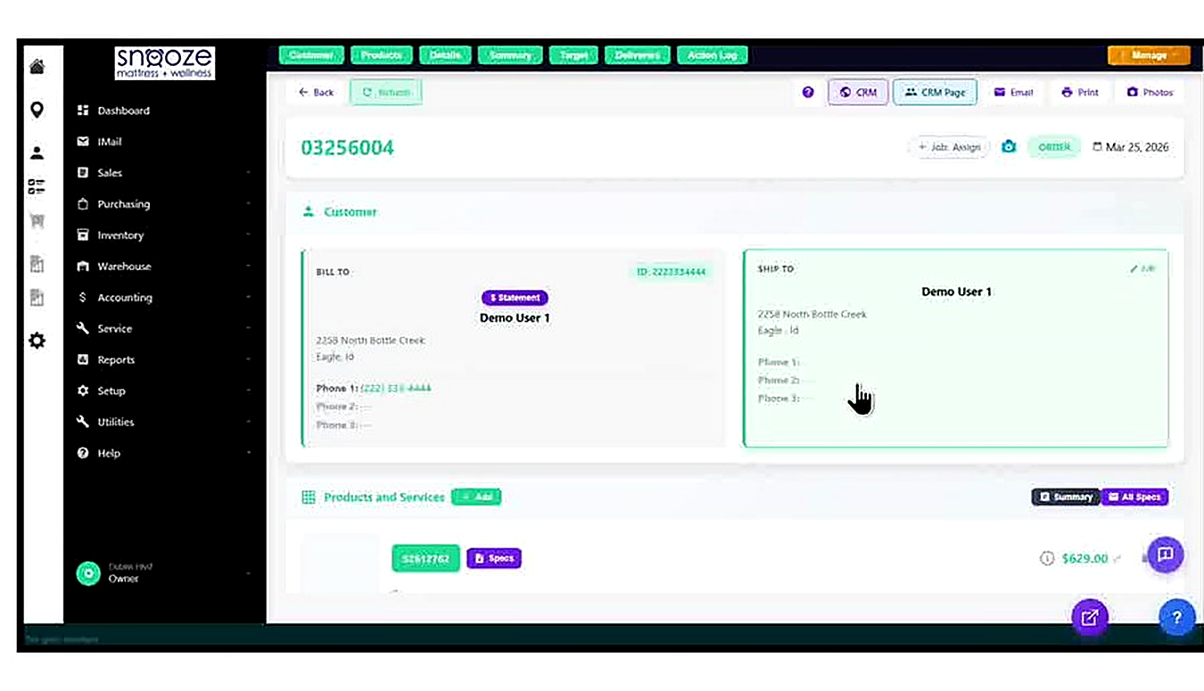 The created Sales Order (03256004) showing the green ORDER badge, date, navigation tabs (Customer, Products, Details, Su