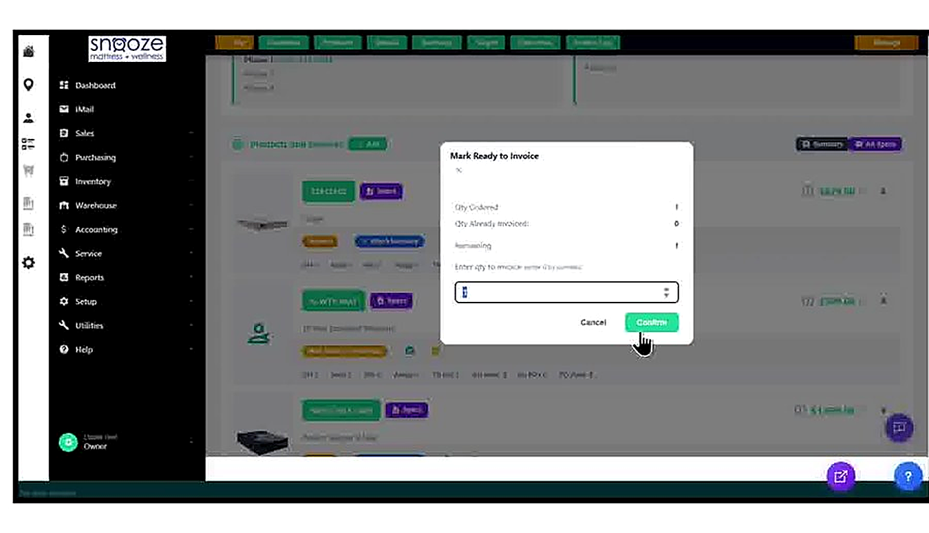 The 'Mark Ready to Invoice' popup showing: Qty Ordered (1), Qty Already Invoiced (0), Remaining (1), and an entry field 