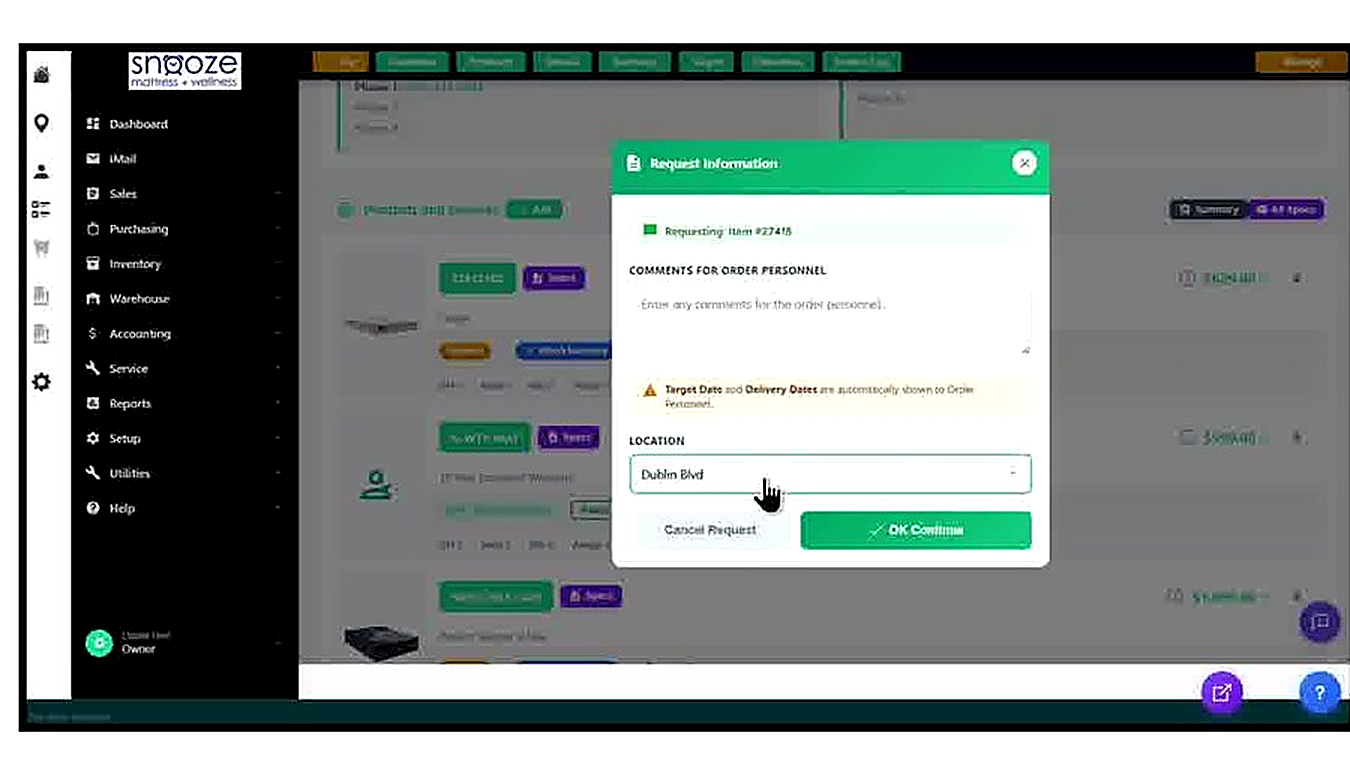 The Request Information popup for item #27418. The green header shows the item being requested. The 'Comments for Order 
