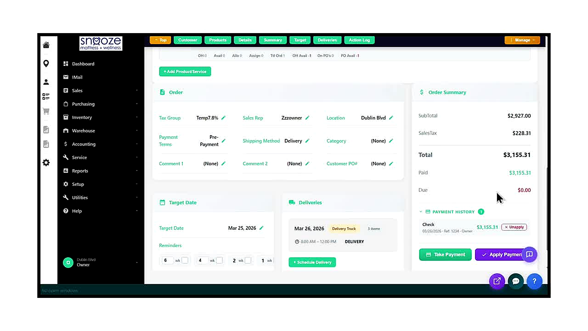 The 'Take a Customer Payment' screen showing Payment Type (Check), Reference Number field, Amount ($3,155.31 pre-filled)
