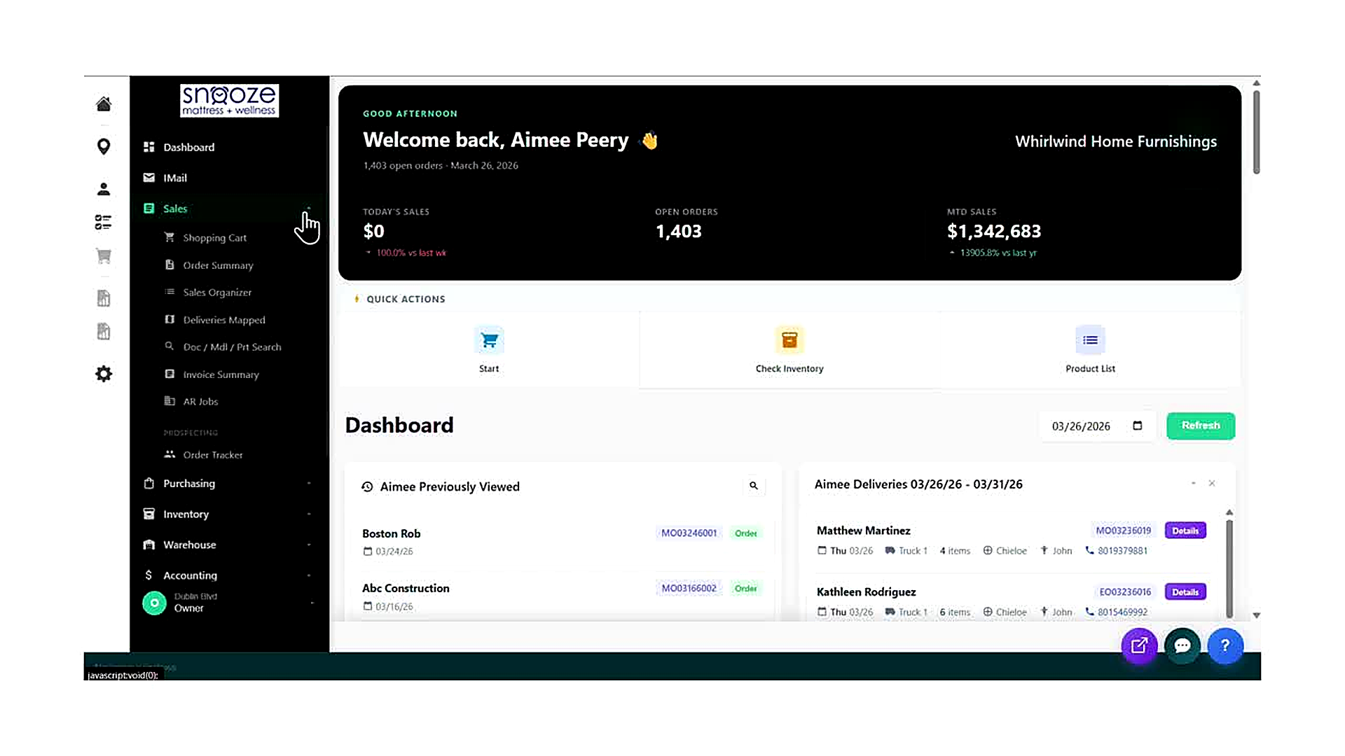 The Dashboard showing the Sales sub-menu expanded in the left navigation. 'Sales Organizer' appears below Order Summary 