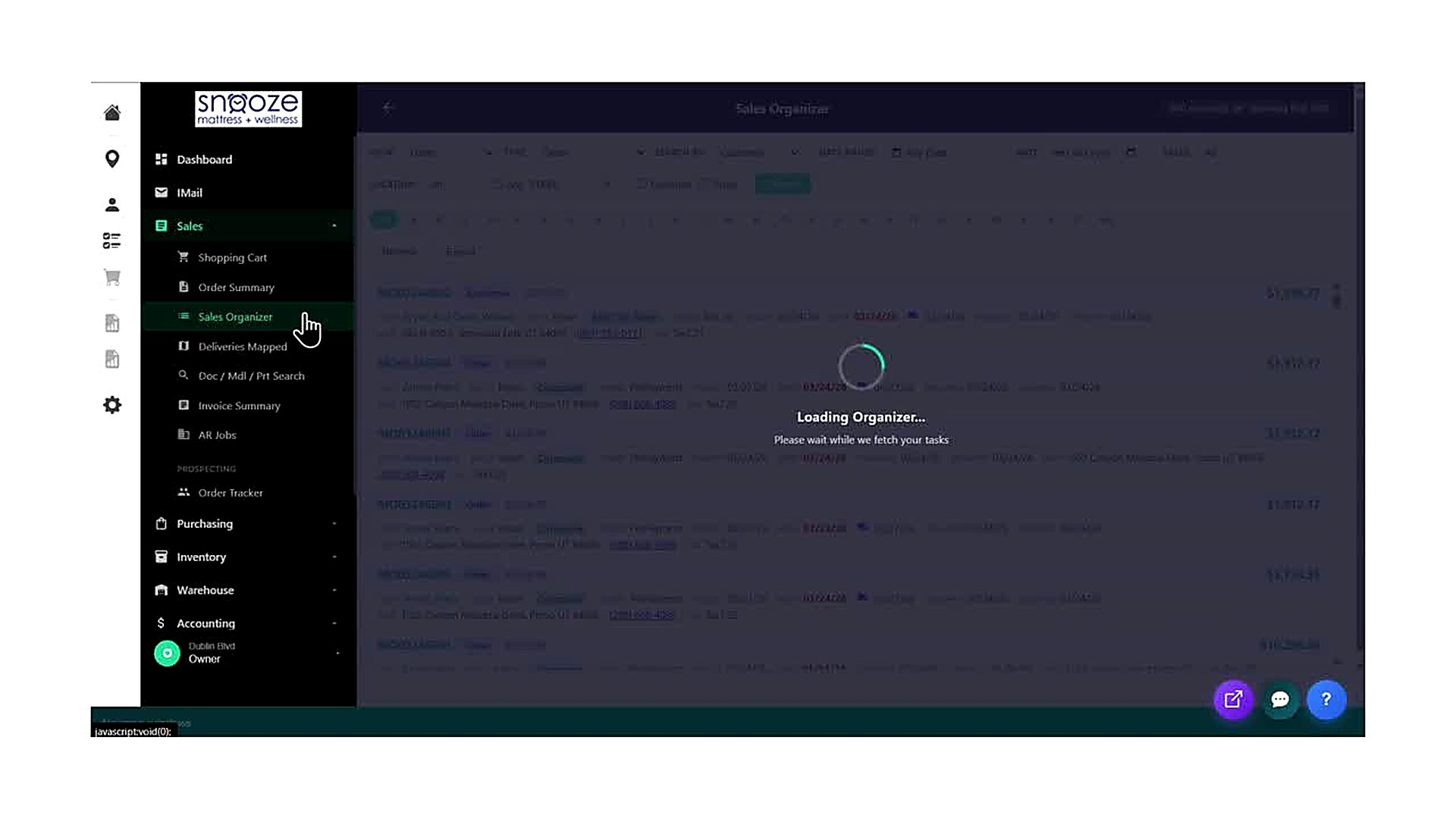 The Sales Organizer screen loading — showing the 'Loading Organizer...' spinner overlay while the system fetches all ope