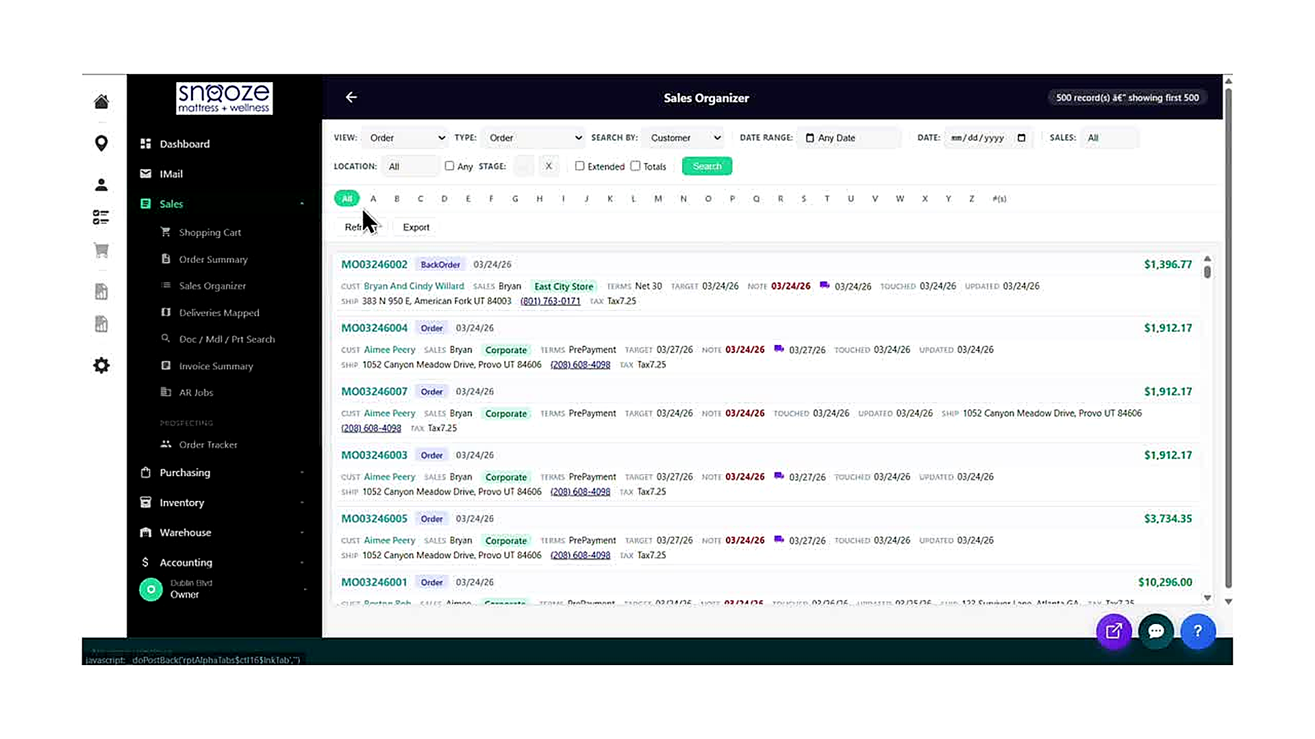The Sales Organizer fully loaded, showing the filter bar at the top and a list of orders beneath it. The 'All' alphabet 