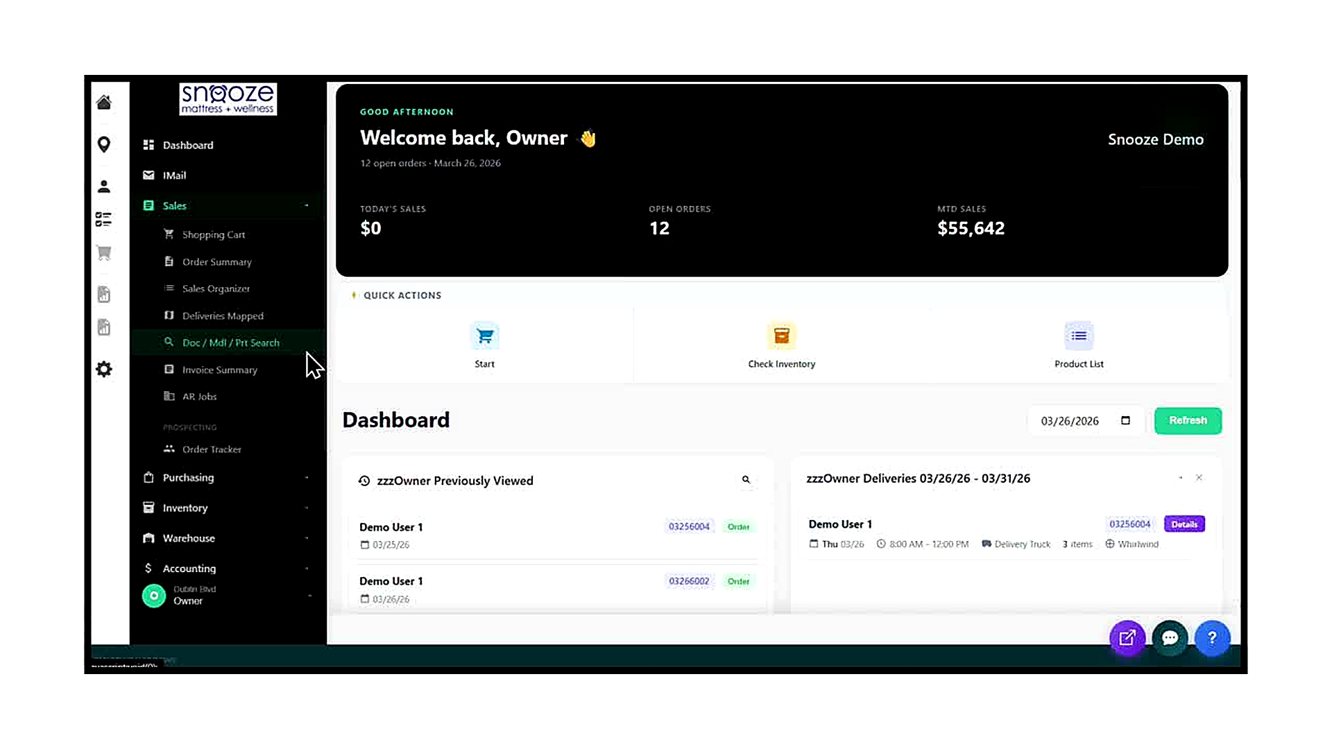 The Dashboard with the Sales sub-menu expanded. 'Doc / Mdl / Prt Search' is highlighted in the navigation list, located 