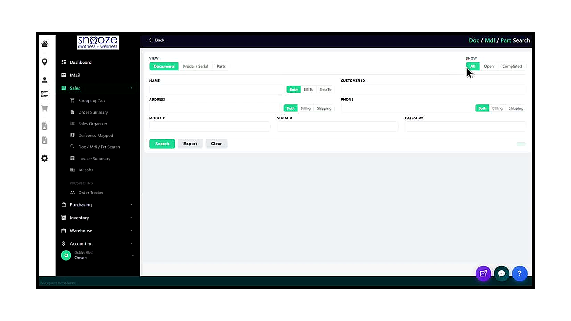 The Doc / Mdl / Part Search screen, empty and ready for input. The VIEW tabs (Documents, Model / Serial, Parts) appear a
