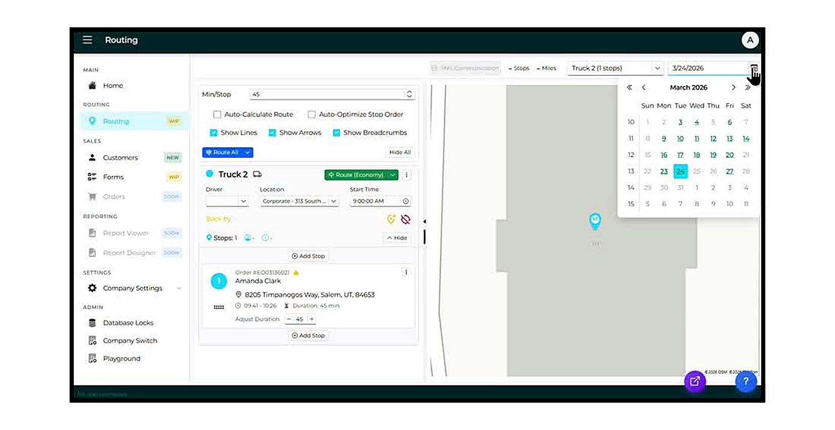 The date picker open showing March 2026. The selected date (24) is highlighted in teal. Truck 2 is shown with Amanda Cla