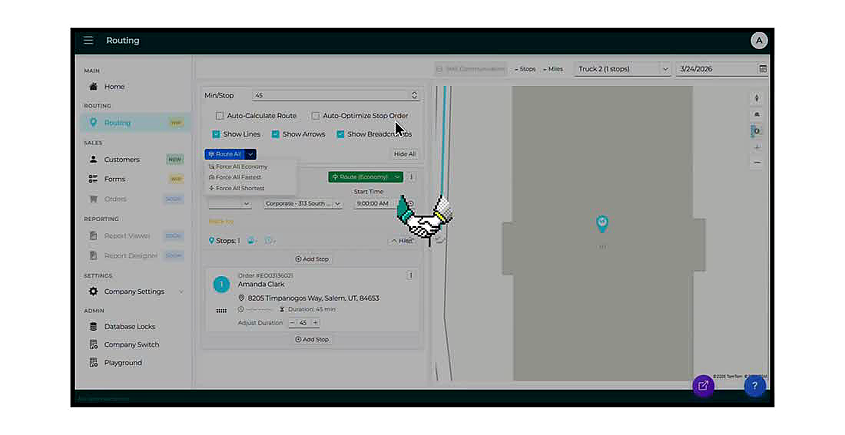 The 'Route All' dropdown expanded showing the three routing options: Force All Economy, Force All Fastest, and Force All