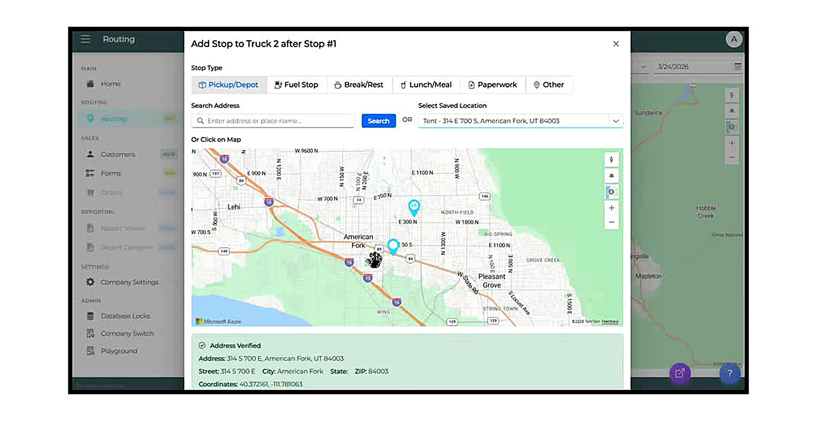 The Add Stop modal showing a saved location selected: 'Tent - 314 E 700 S, American Fork, UT 84003'. The map shows two p
