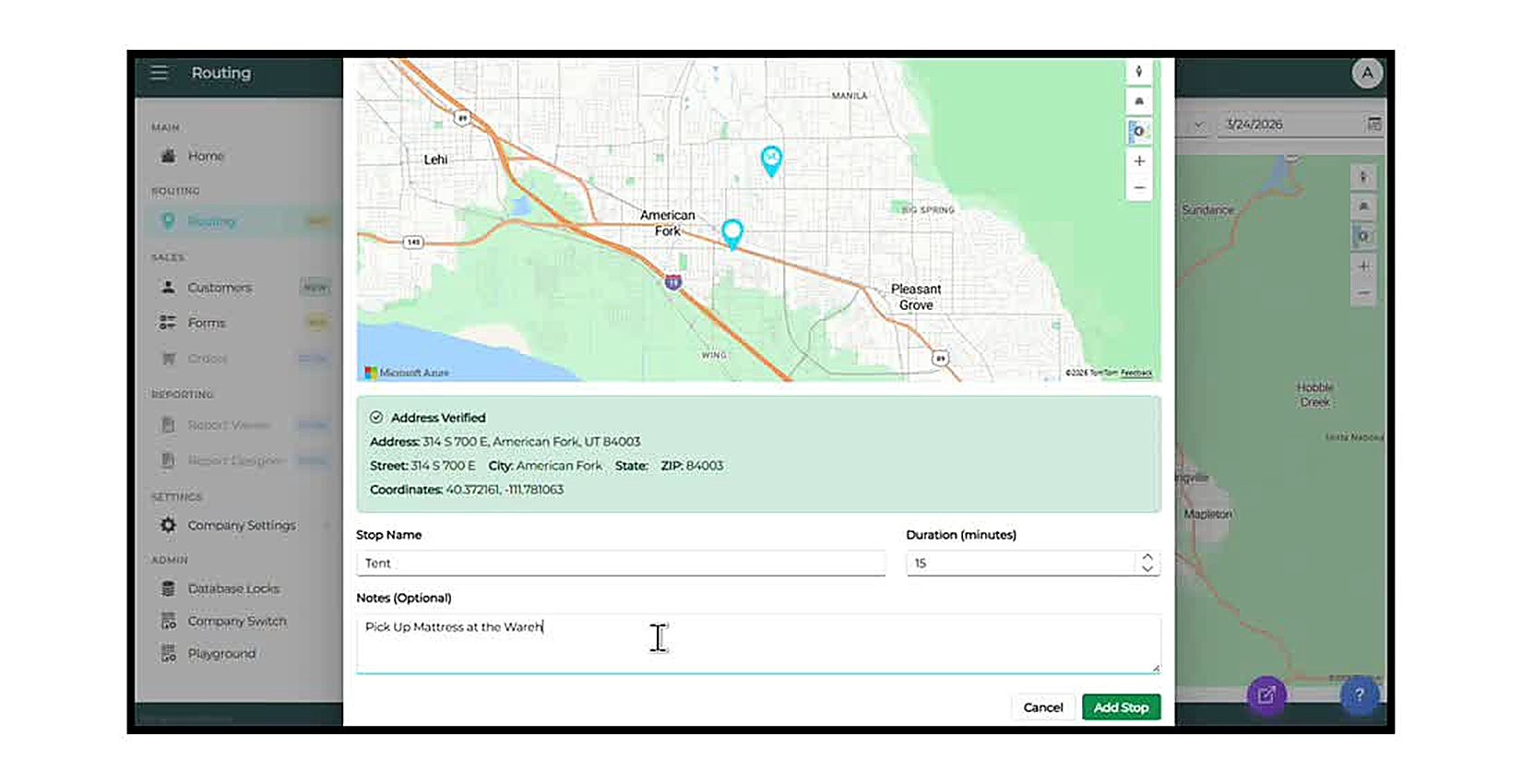 The lower section of the Add Stop modal showing Stop Name set to 'Tent', Duration set to 15 minutes, and Notes reading '