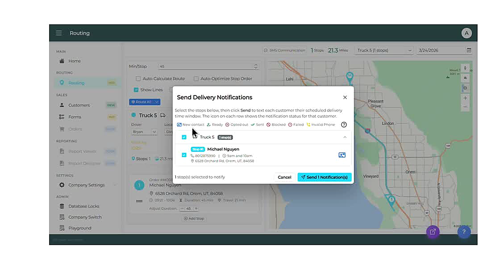 The Send Delivery Notifications modal for Truck 5. Stop #1 shows Michael Nguyen, phone 8012875990, time window 9am and 1