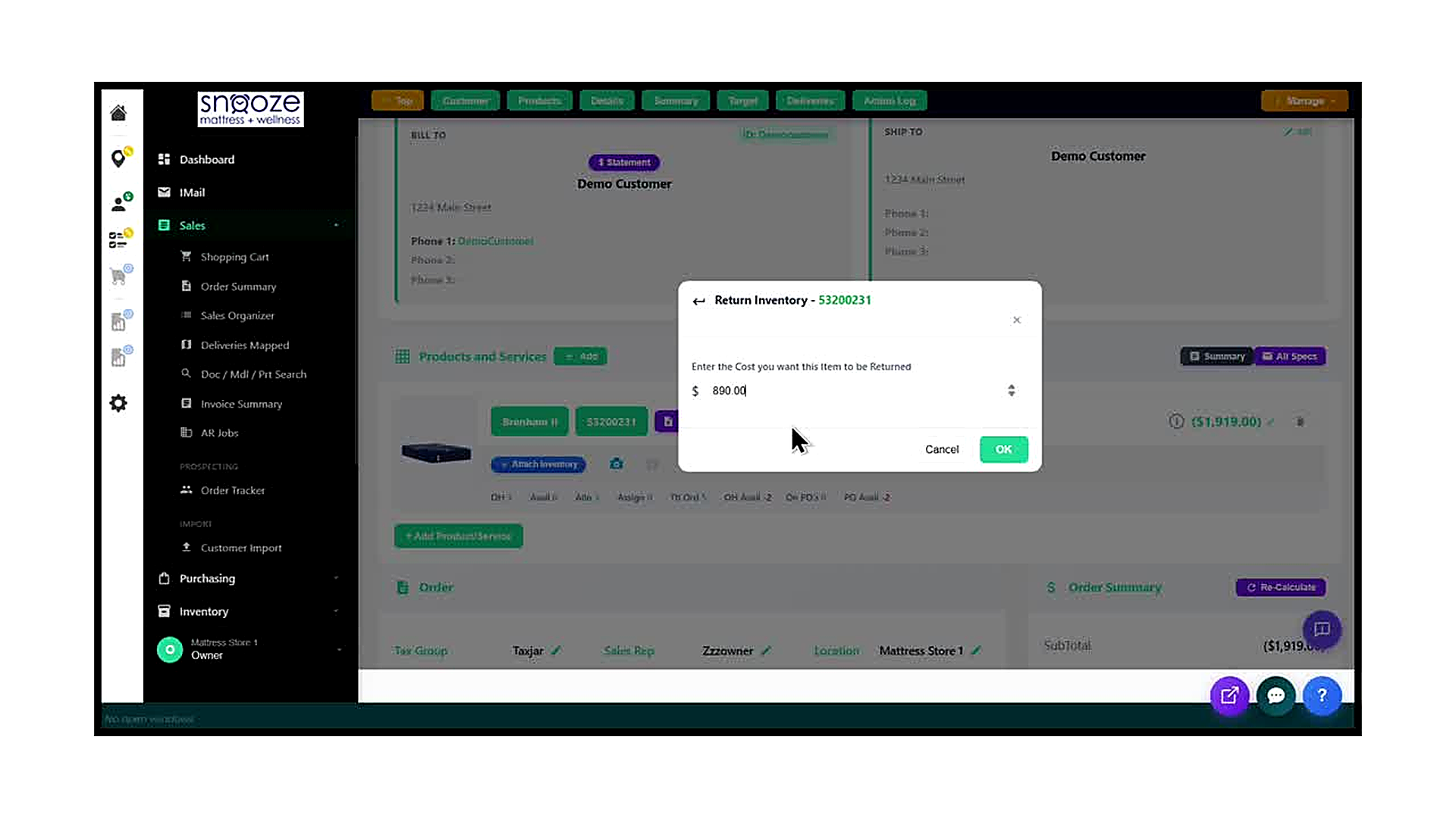 The 'Return Inventory – S3200231' dialog asking 'Enter the Cost you want this Item to be Returned.' The cost field shows
