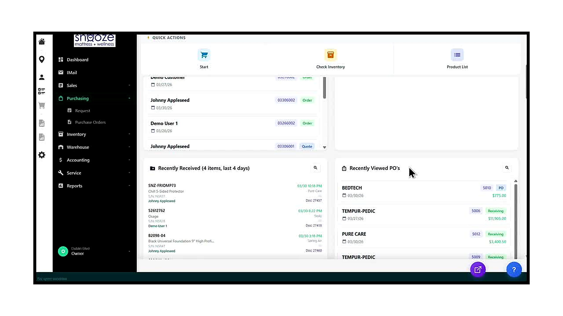 The Dashboard scrolled down to show the two purchasing widgets side by side: 'Recently Received' on the left (listing it