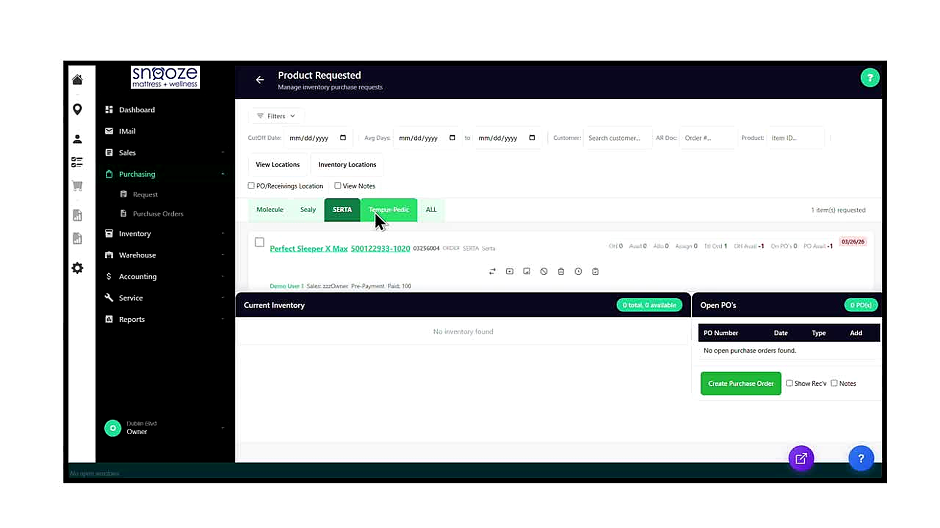 The Product Requested screen with the SERTA vendor tab selected, showing 1 item requested. The item row displays the pro