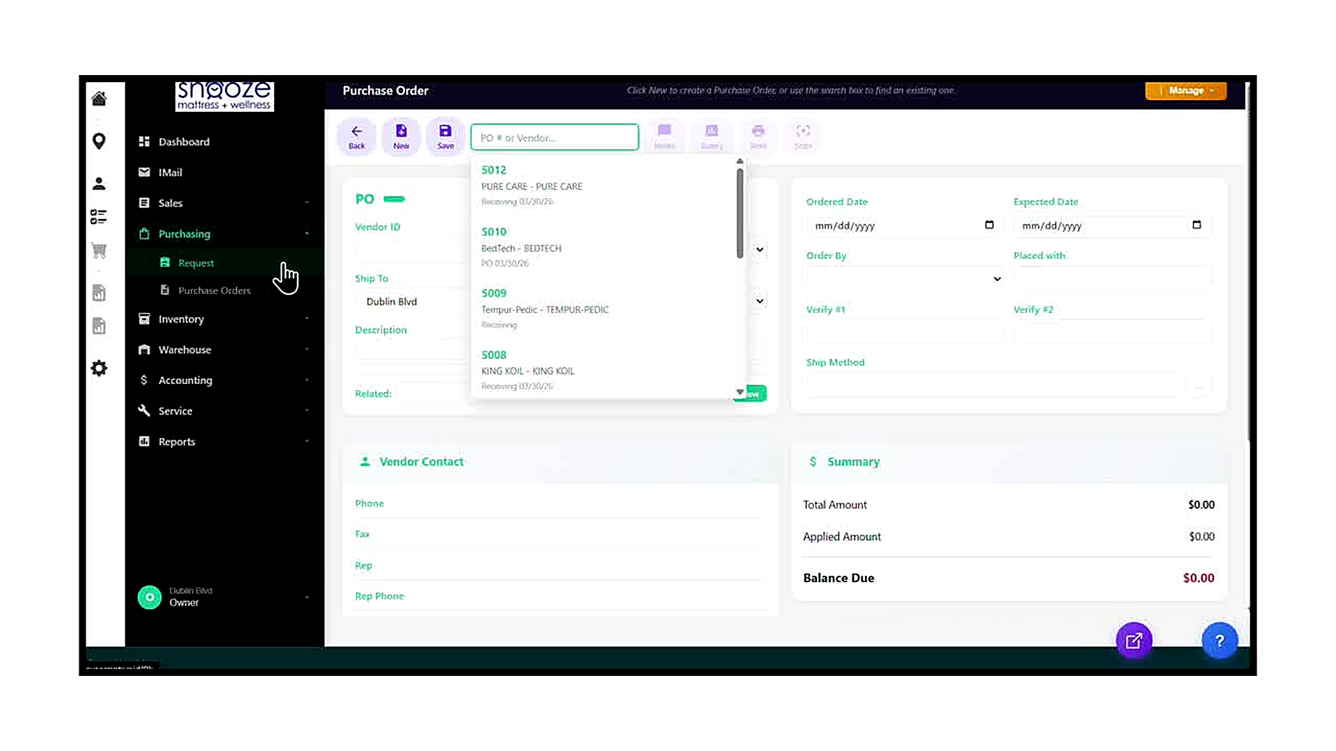 The Purchase Orders screen with the PO search dropdown open, displaying recent purchase orders (PO 5012 – Pure Care, PO 