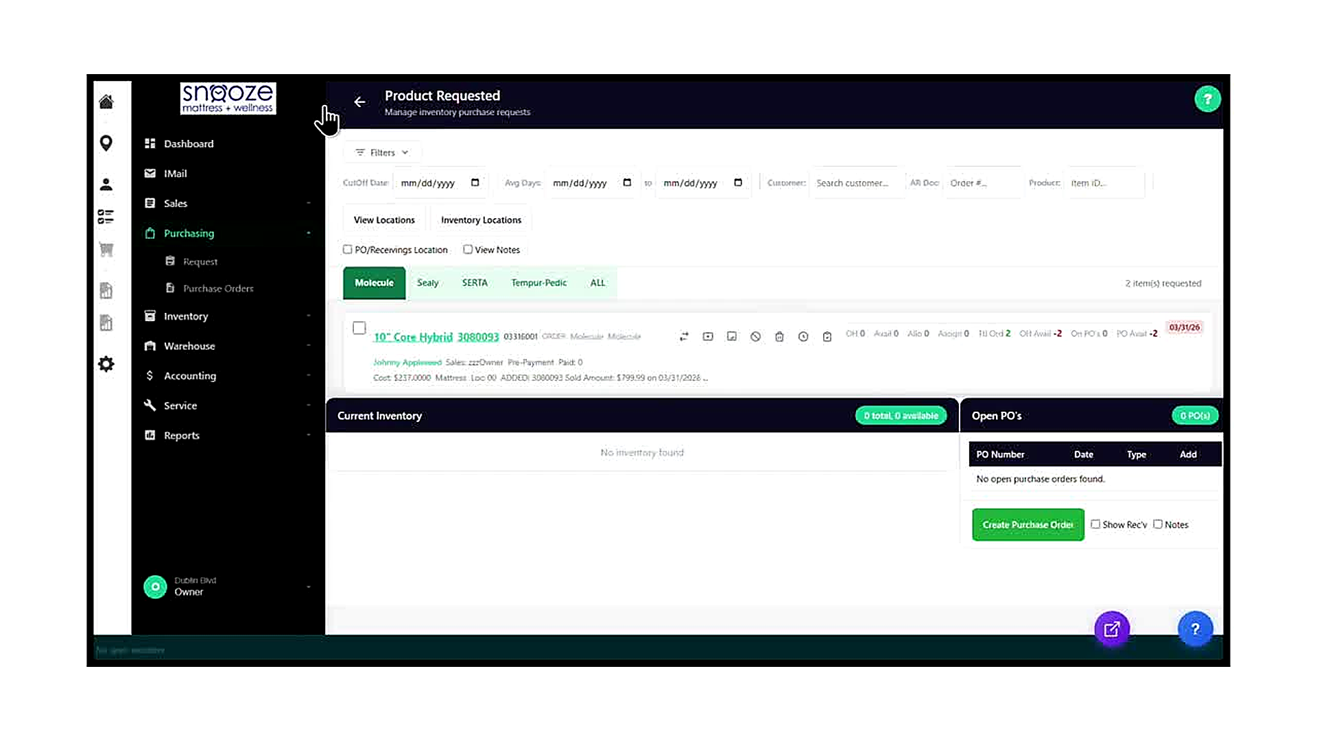 The Product Requested screen with the Molecule vendor tab selected. The item row shows 10” Core Hybrid (model 3080093, o