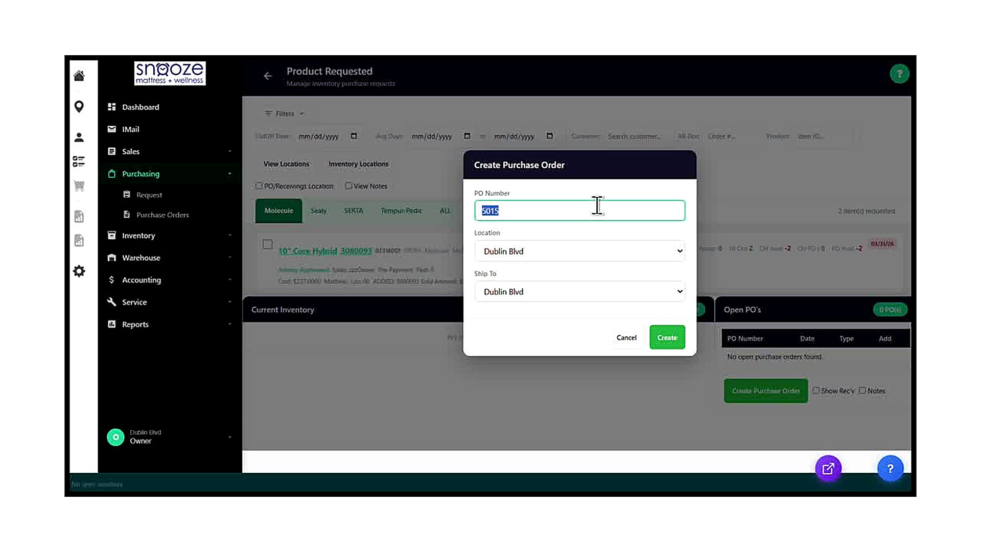The 'Create Purchase Order' dialog over the Product Requested screen. The PO Number field is pre-filled with the next se