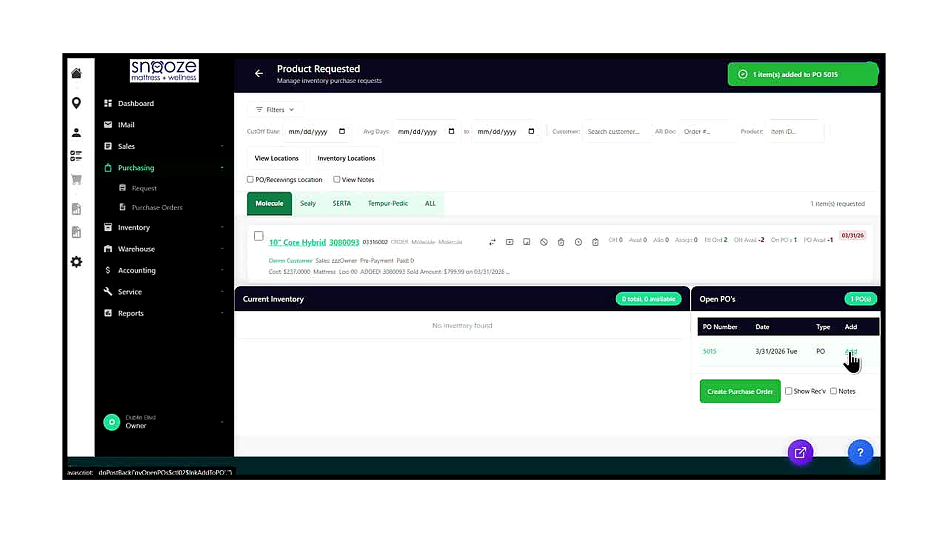 The Product Requested screen after the item was added to the PO. A green success banner at the top of the screen reads '