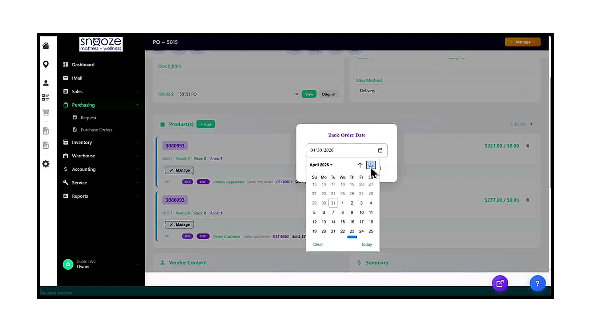 The Back-Order Date picker open over PO 5015. The calendar shows April 2026 with the date field showing 04/30/2026. The 