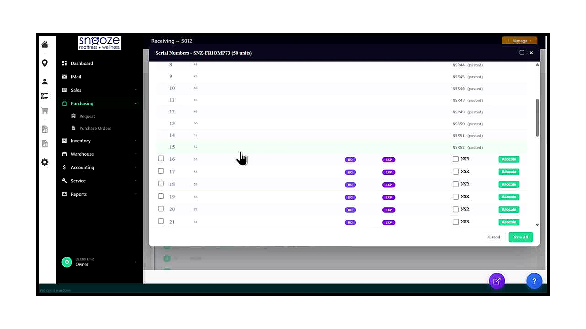 The Serial Numbers panel scrolled down to rows 16–21, showing units that have not yet been received. Each row has a chec