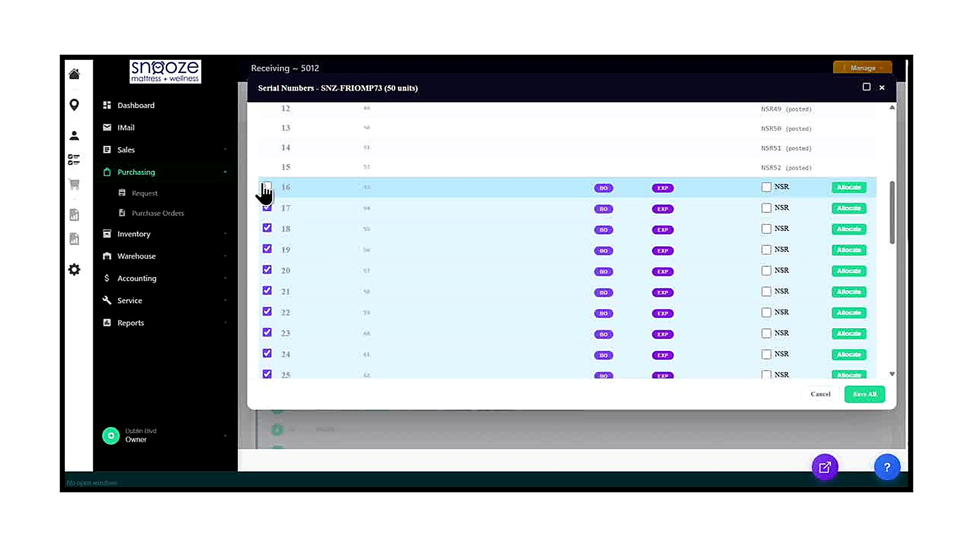 The Serial Numbers panel scrolled down to show rows 16–25, all highlighted in blue with their checkboxes checked. Each s