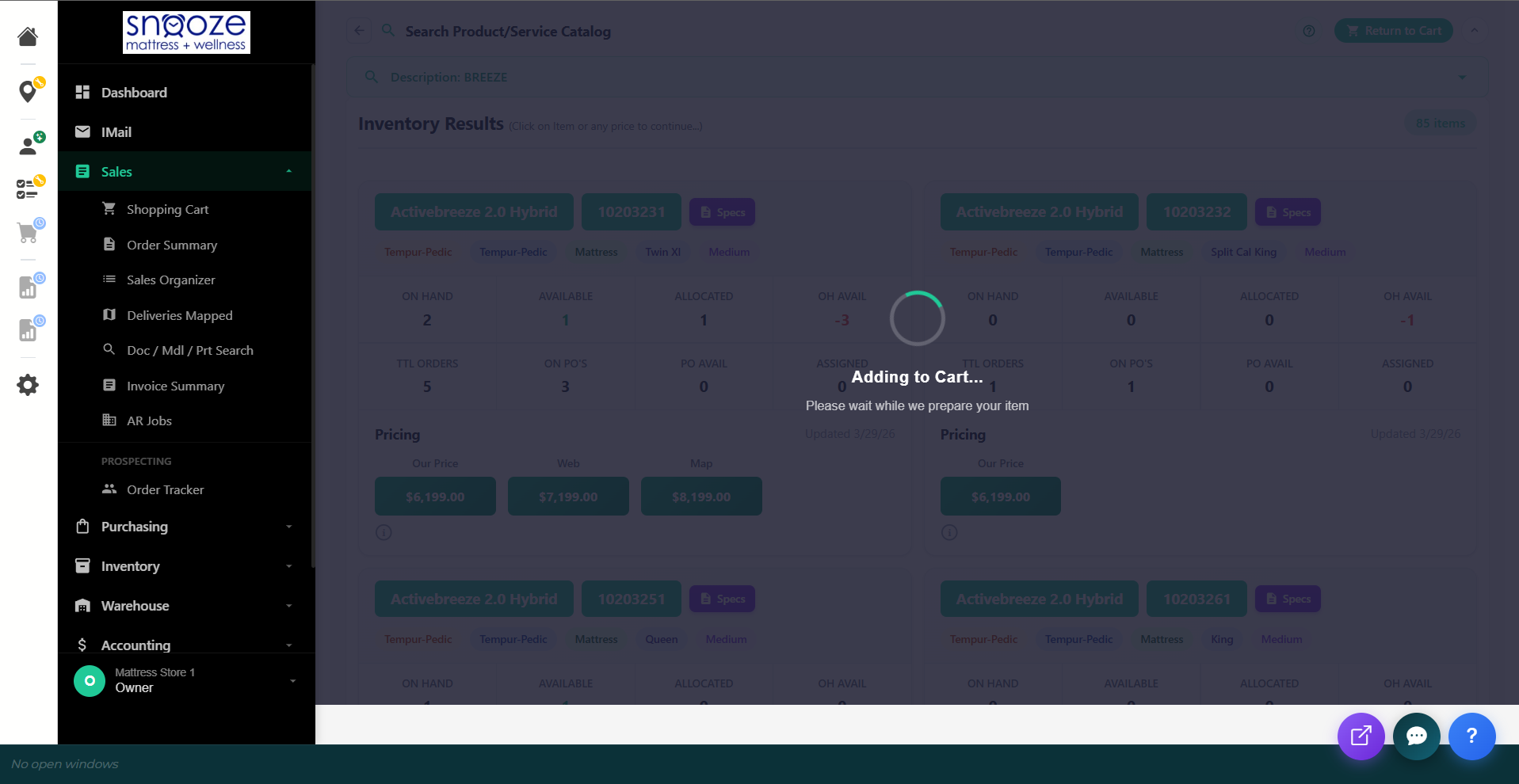 Inventory Results showing product cards with pricing tiers and an Adding to Cart loading spinner.