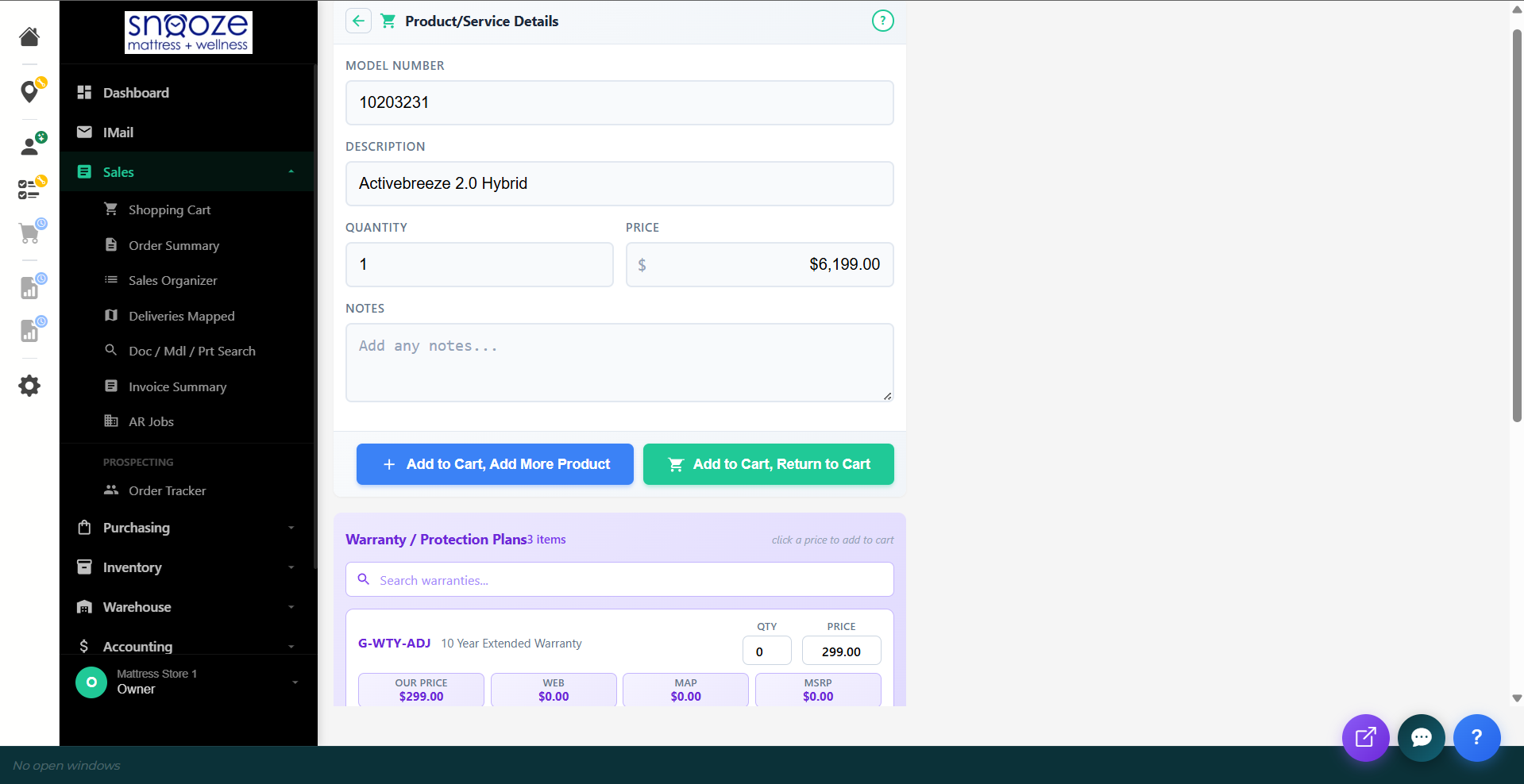 The Product/Service Details screen showing model number, description, quantity, price, notes, and Add to Cart buttons.