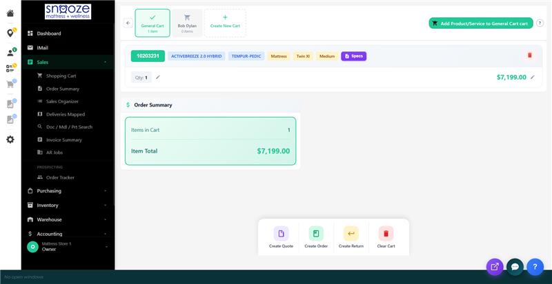 Shopping Cart with one item added showing Order Summary with Items in Cart and Item Total, and action buttons below.