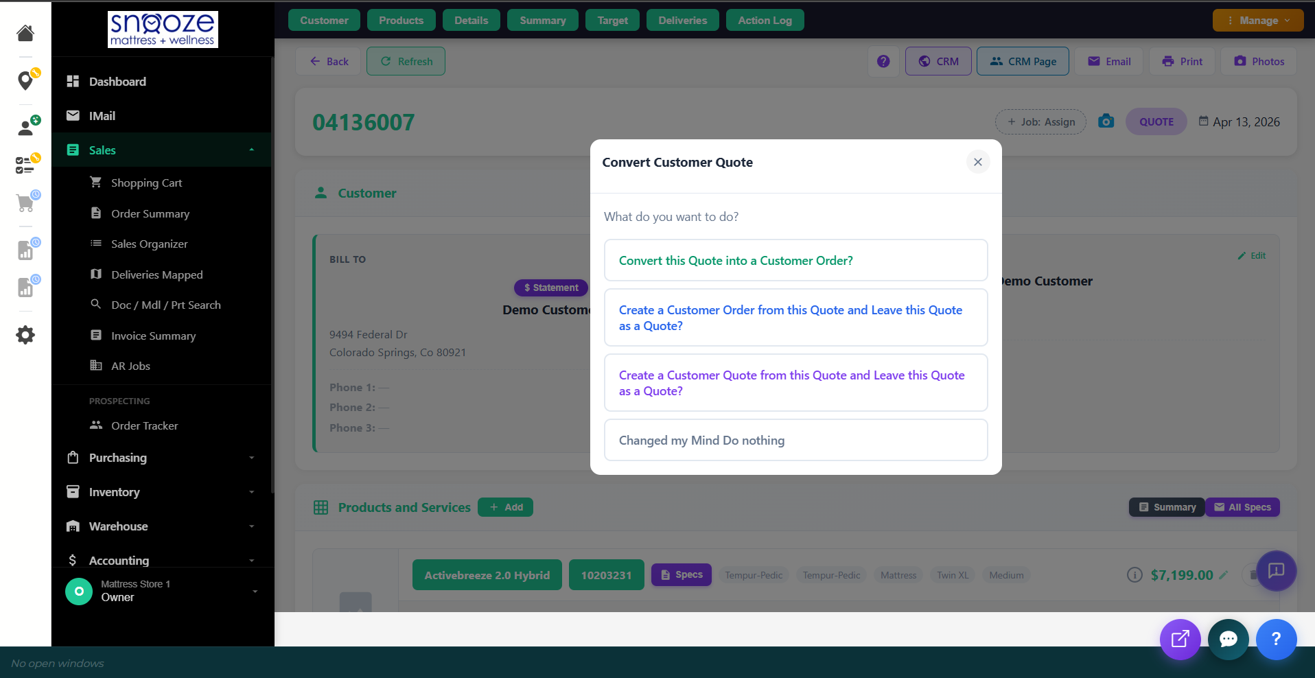 The Convert Customer Quote dialog with options to convert to order, create order and keep quote, create new quote, or cancel.