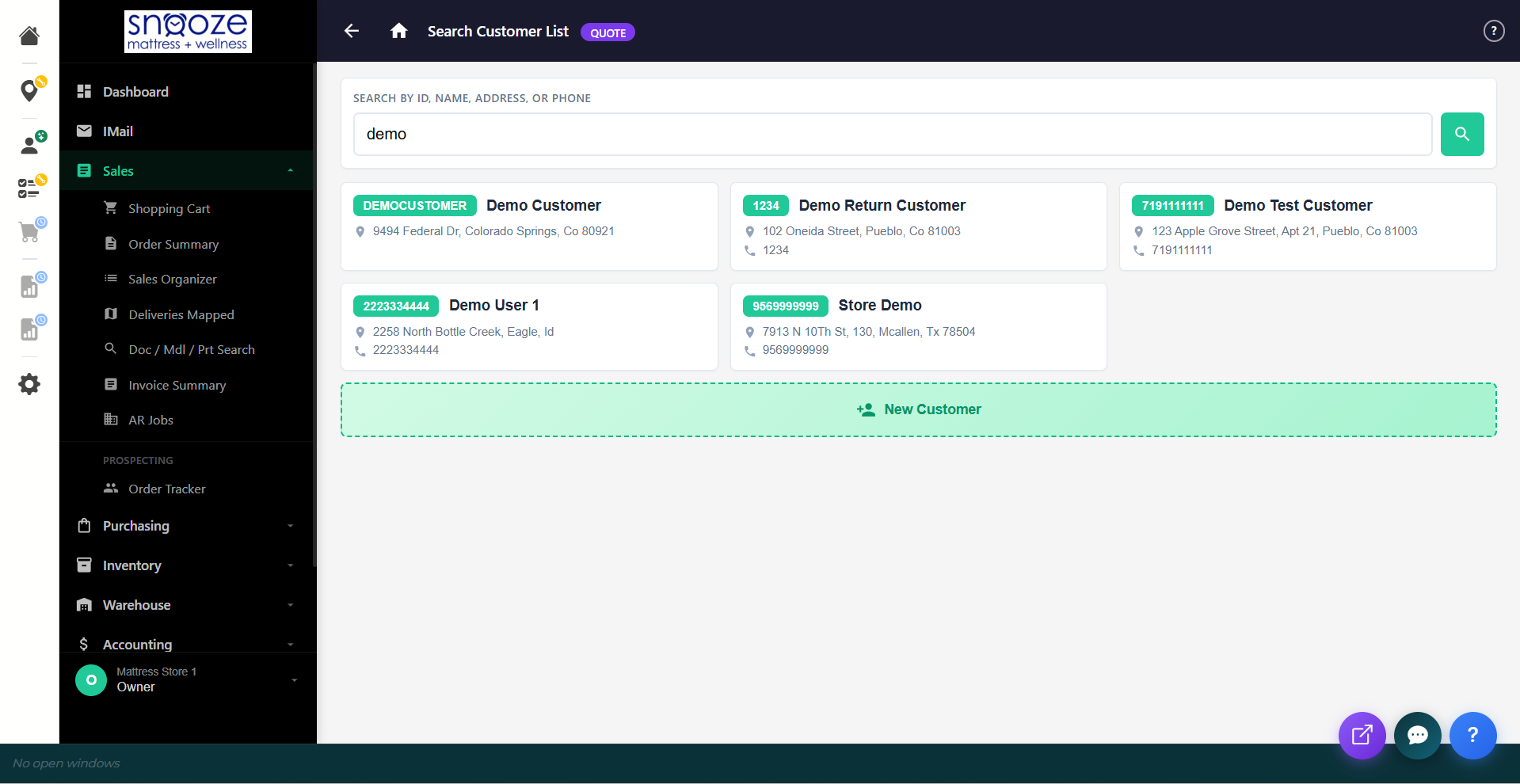 Search Customer List showing matching customer cards with names, addresses, and phone numbers.