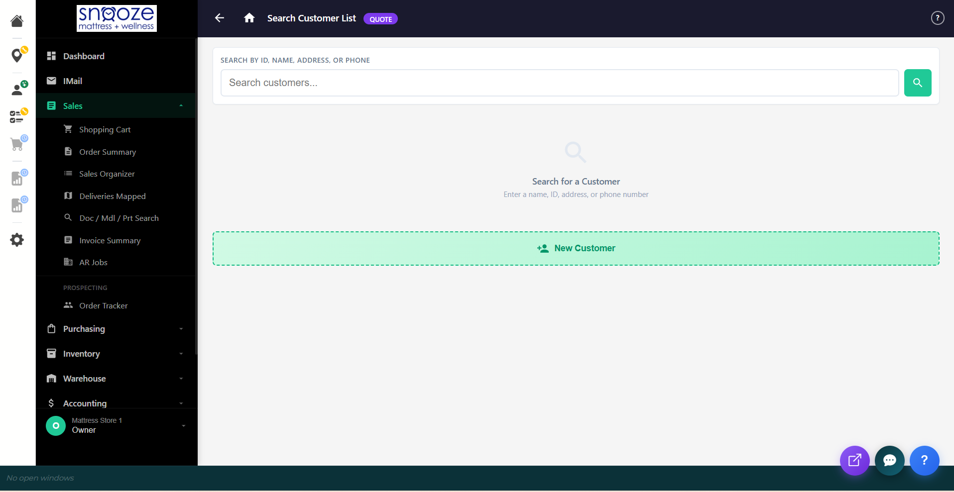 Search Customer List screen with search field and New Customer button.