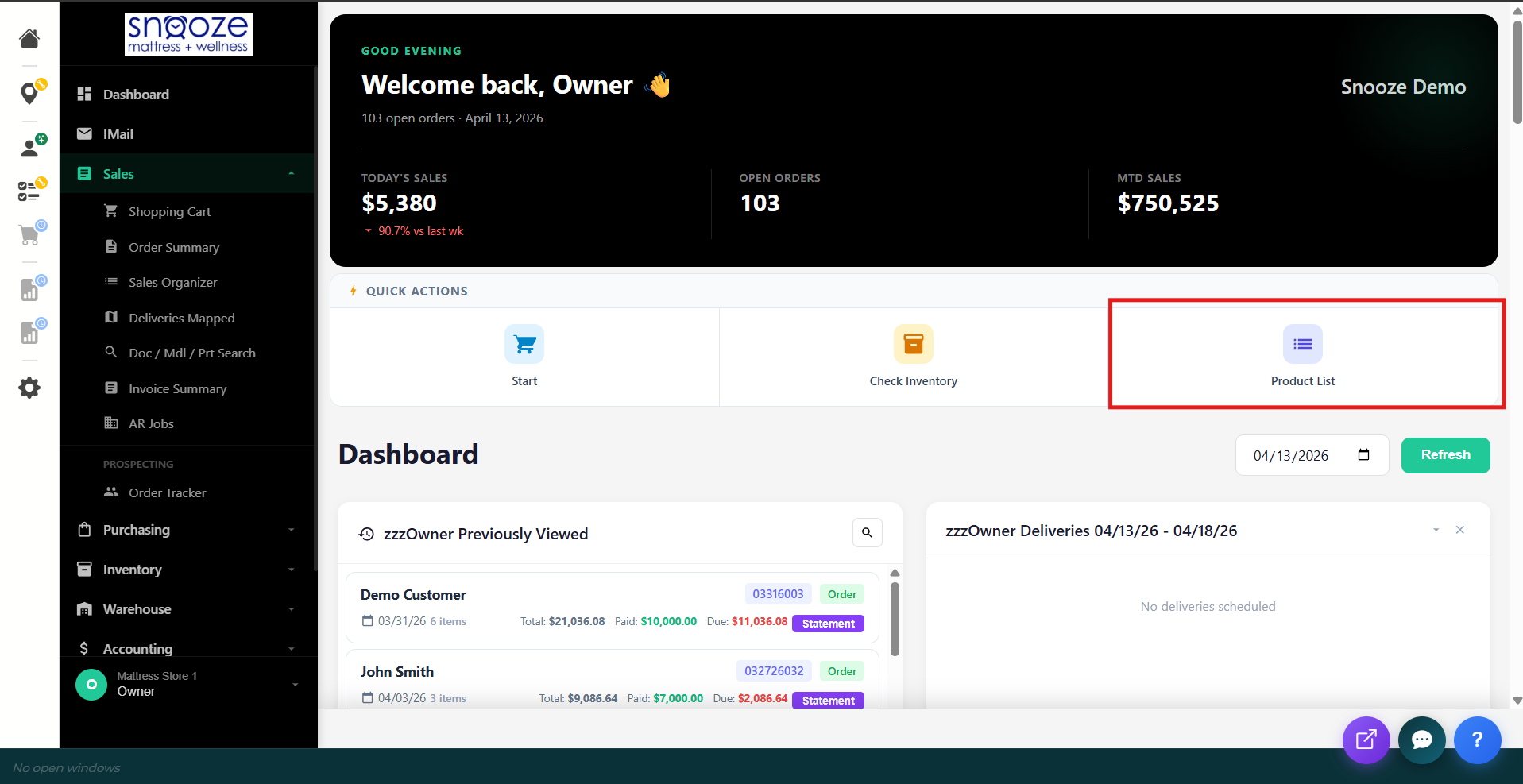 The Dashboard showing the Quick Actions bar with Start, Check Inventory, and Product List buttons.