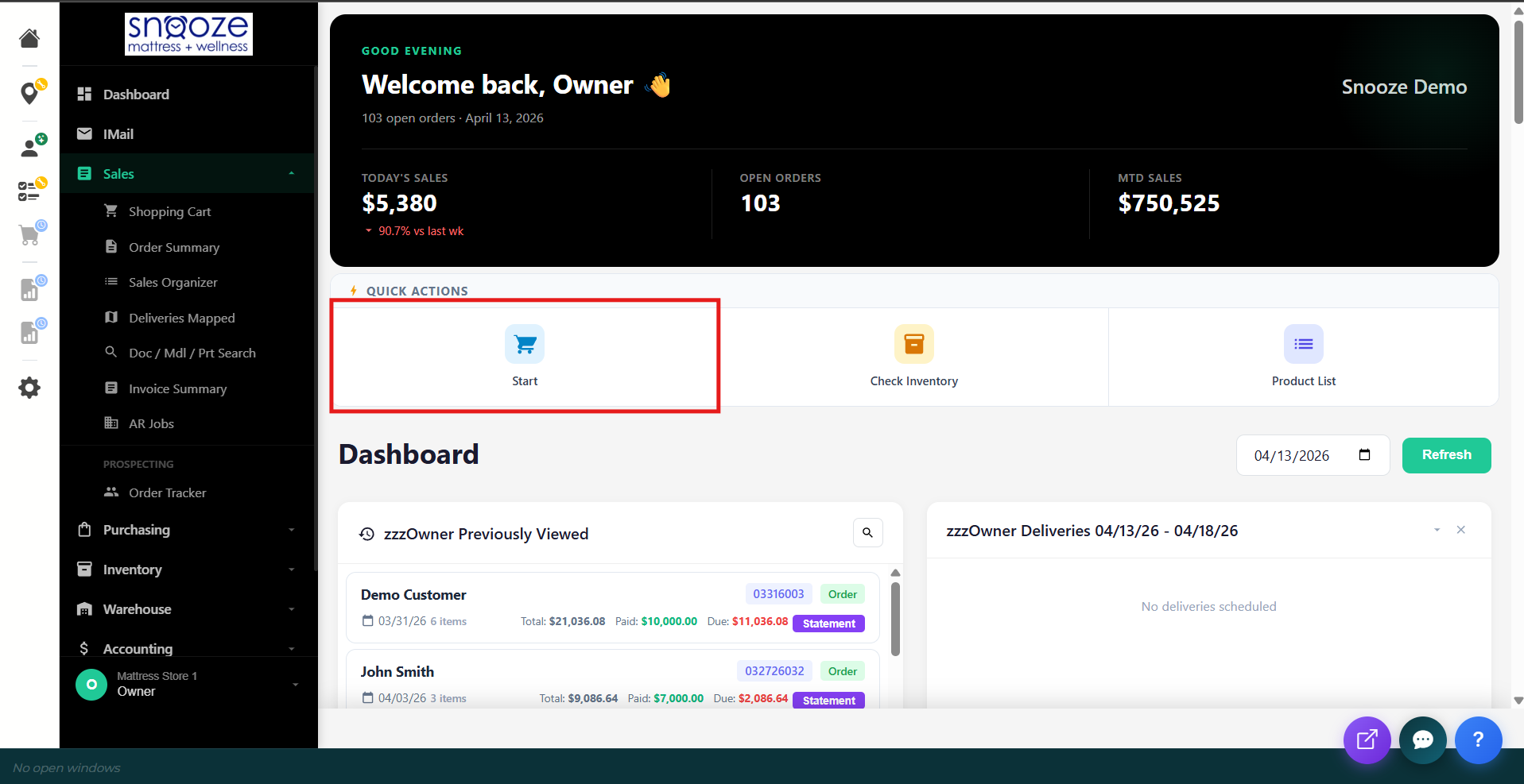 The Dashboard showing the Quick Actions bar with the Start button highlighted.