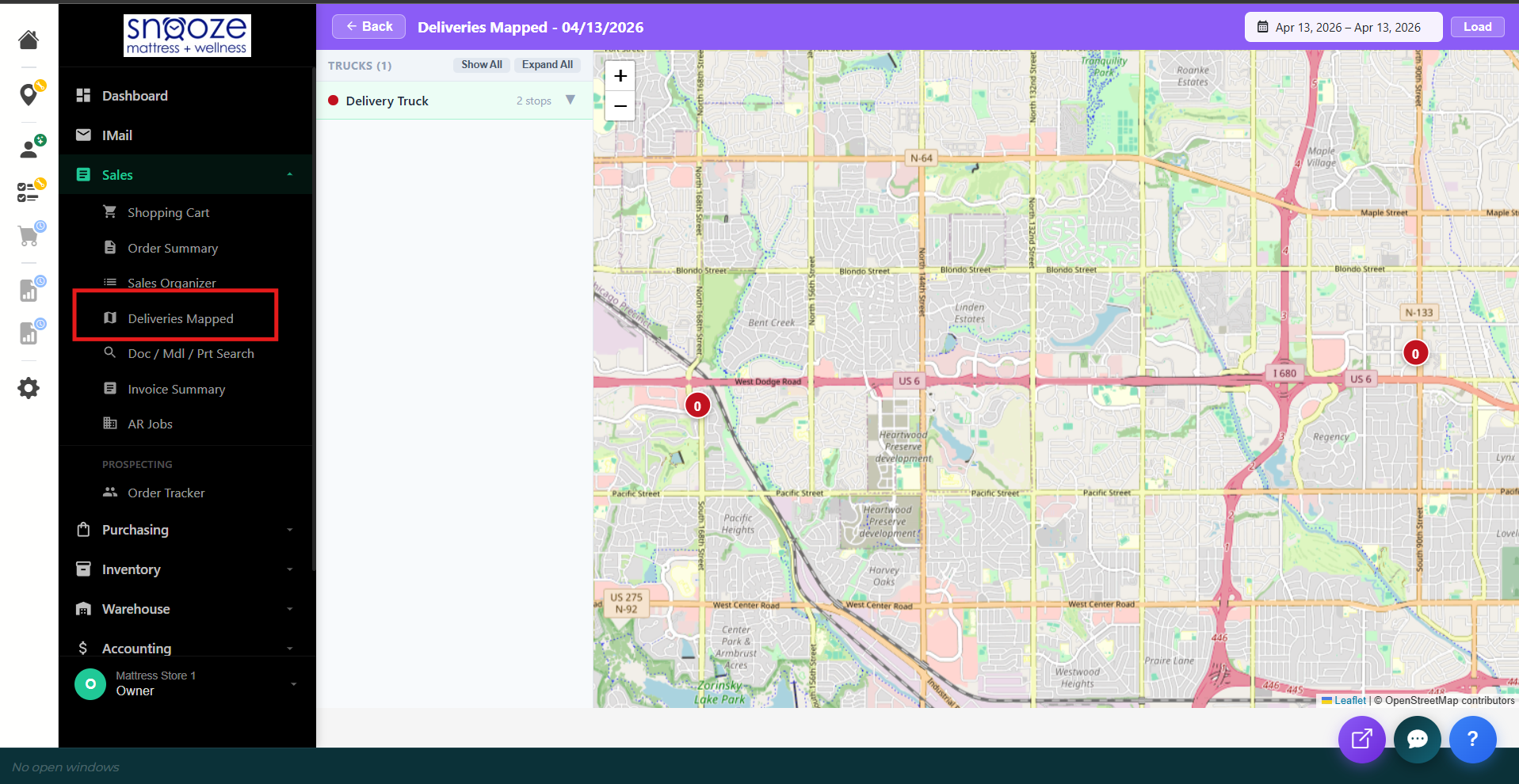 Deliveries Mapped screen showing the map view with delivery stops and the Deliveries Mapped menu item highlighted.