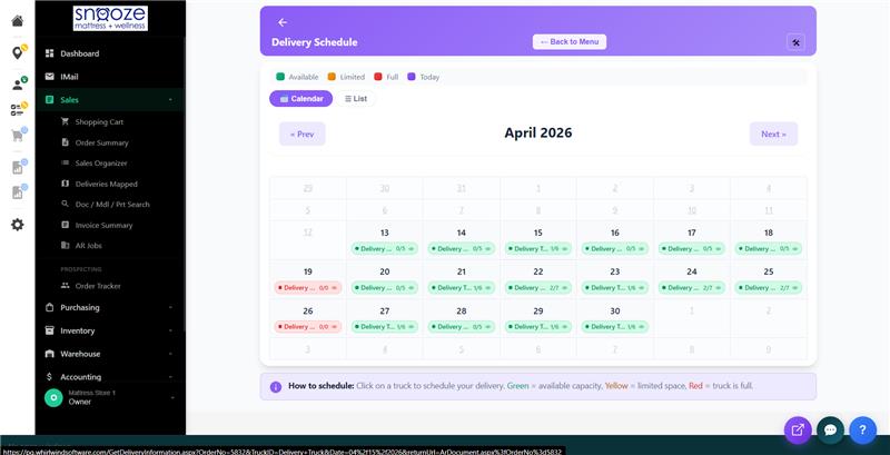 Delivery Schedule calendar view for April 2026 showing available, limited, and full delivery days.