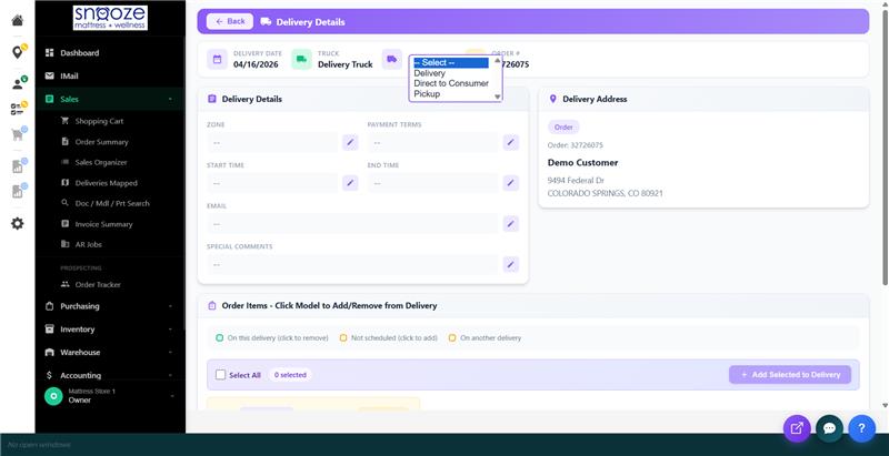Delivery Details screen showing delivery date, truck, delivery type dropdown, zone, payment terms, and customer address.